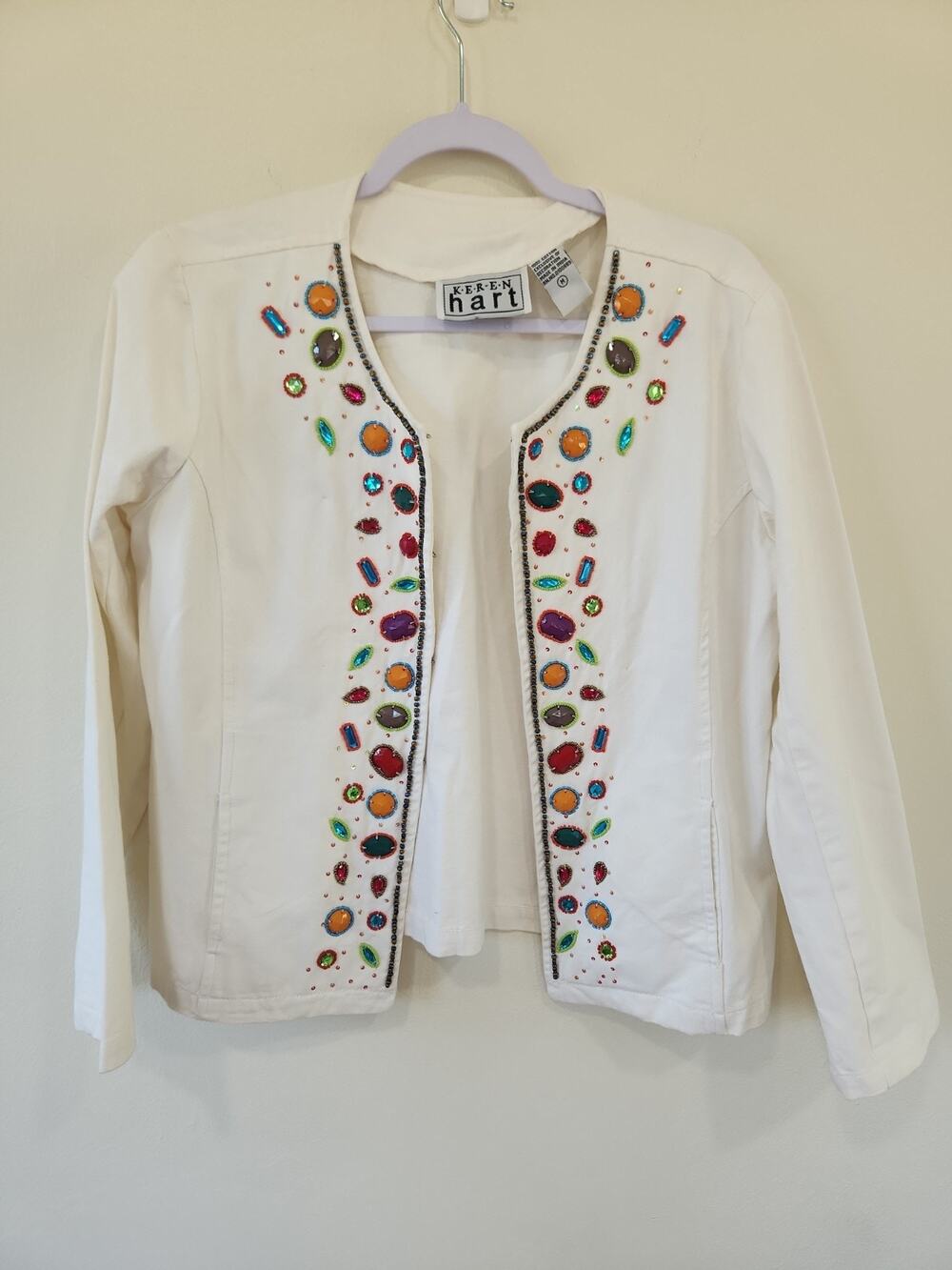 KEREN HART WOMENS WHITE DENIM EMBROIDERED BEADED JACKET SIZE M